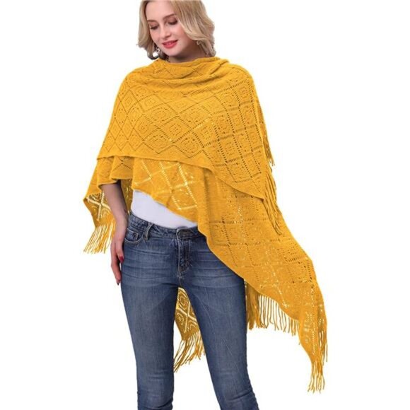 Knit Shawl Wrap - Fringe Poncho Cardigan Cape Yellow - Picture 1 of 7